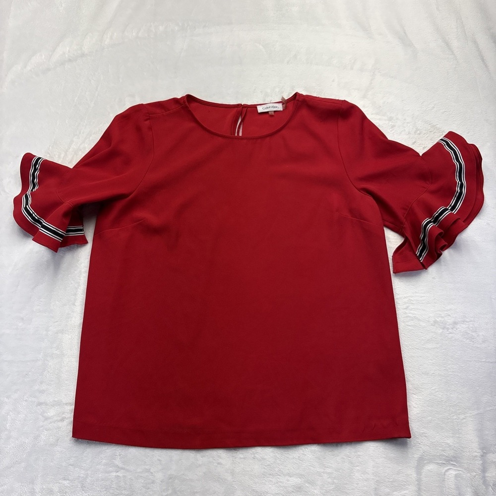 Calvin Klein Red Flutter Sleeve Top Women Large Varsity Stripe Office Chic